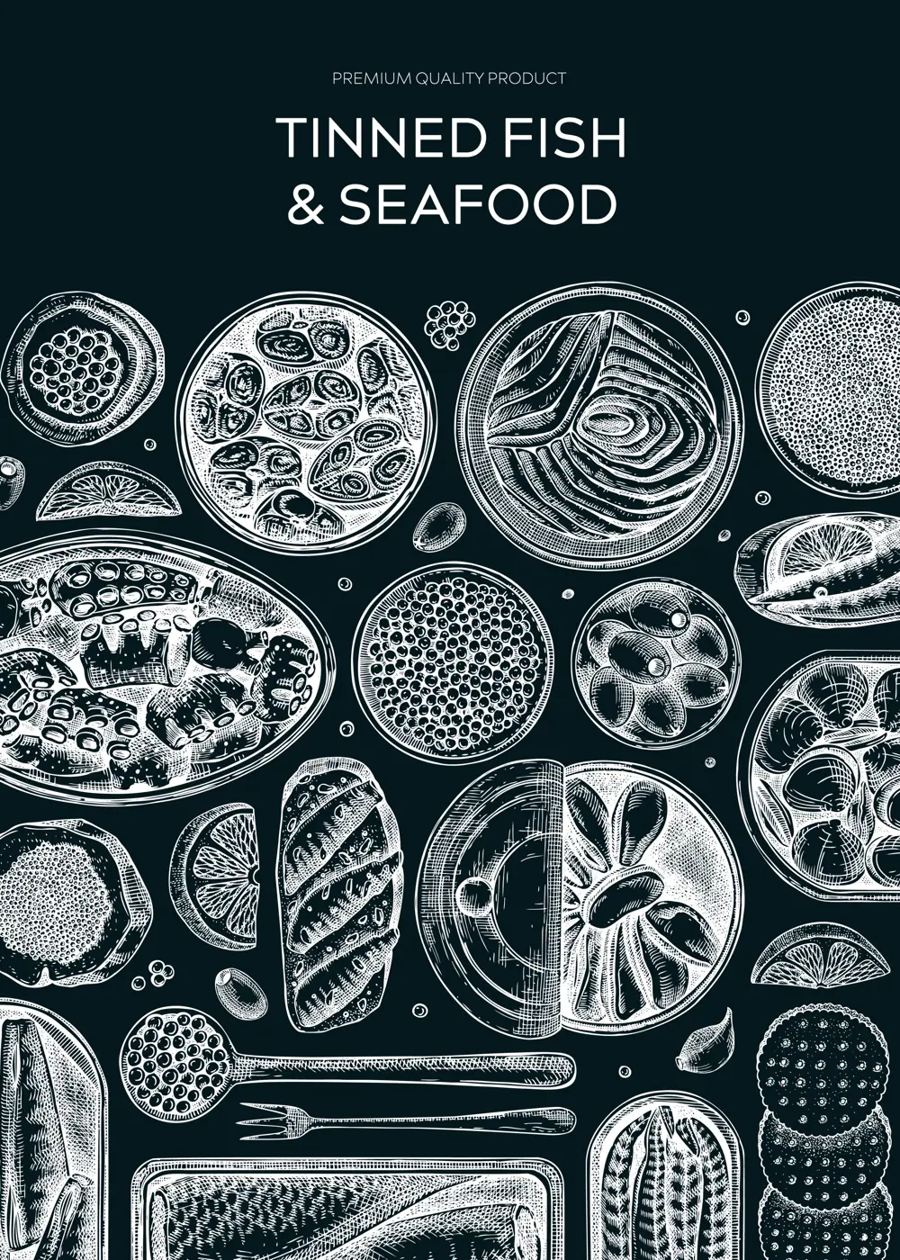 Canned fish label design on chalkboard. Seafood background with hand-drawn sardines, anchovy, mackerel, tuna, mussels in tin cans, fish canape drawings. Tinned fish board in sketch style. Healthy food Illustration